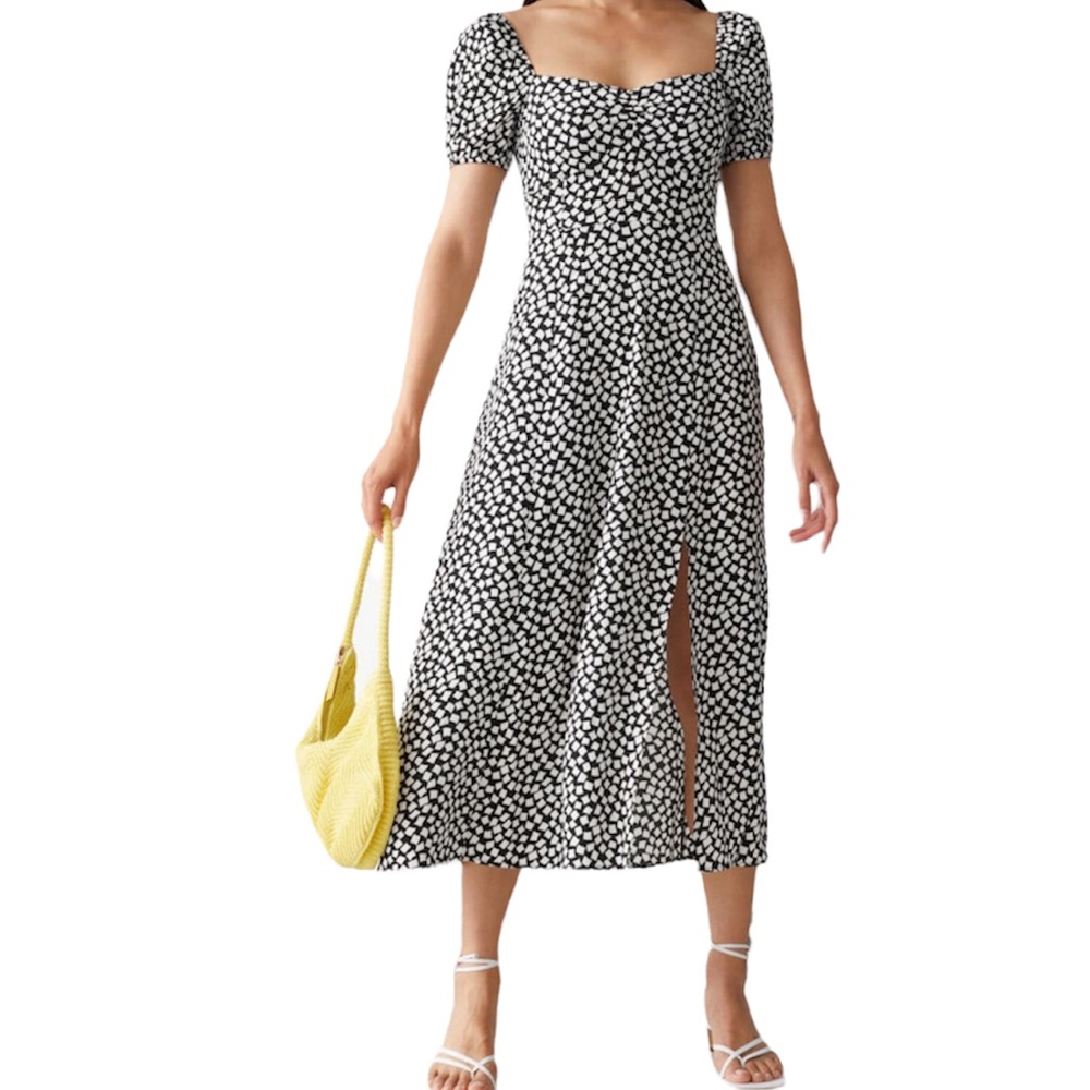 & OTHER STORIES Flowy Puff Sleeve Midi Dress in Black Squares